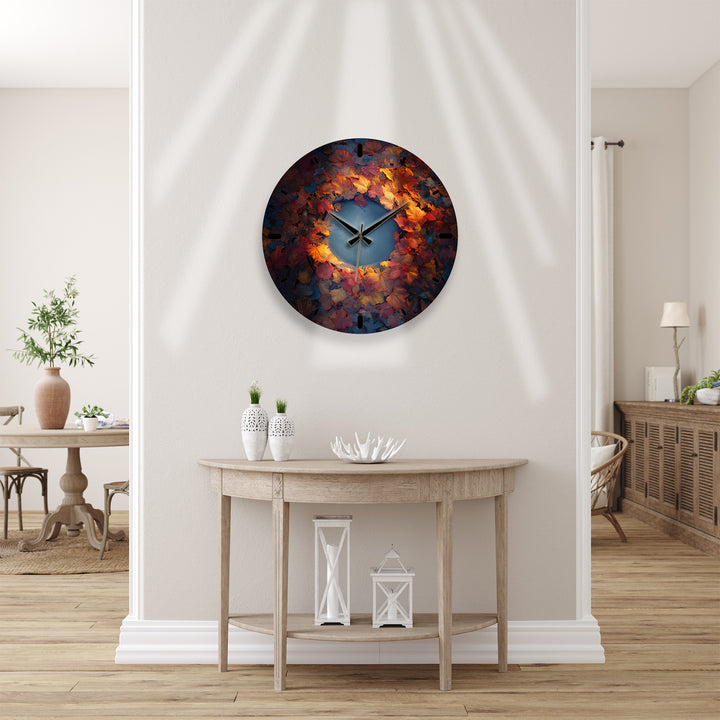 Glas-Wanduhr mit Herbstblättern – rustikales Herbstkranz-Dekor