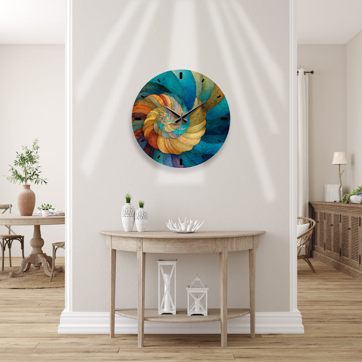 Abstract Spiral Glass Wall Clock – Teal and Gold Swirl Art