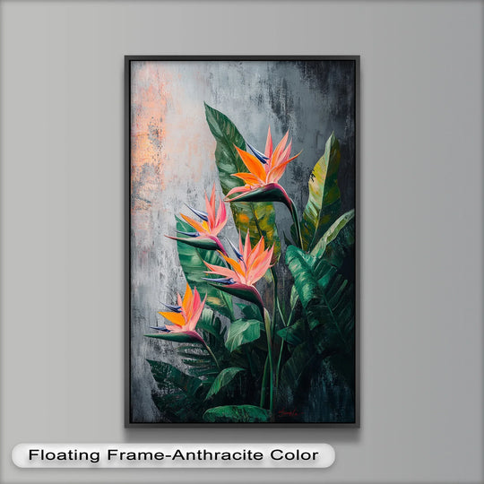 Predominantly warm orange and green define this 'Tropical Flame' bird of paradise oil painting art prints, creating a vibrant botanical scene.