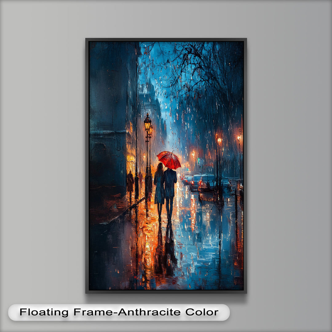 Lovers in the Rain – Romantic Night Street Oil Painting