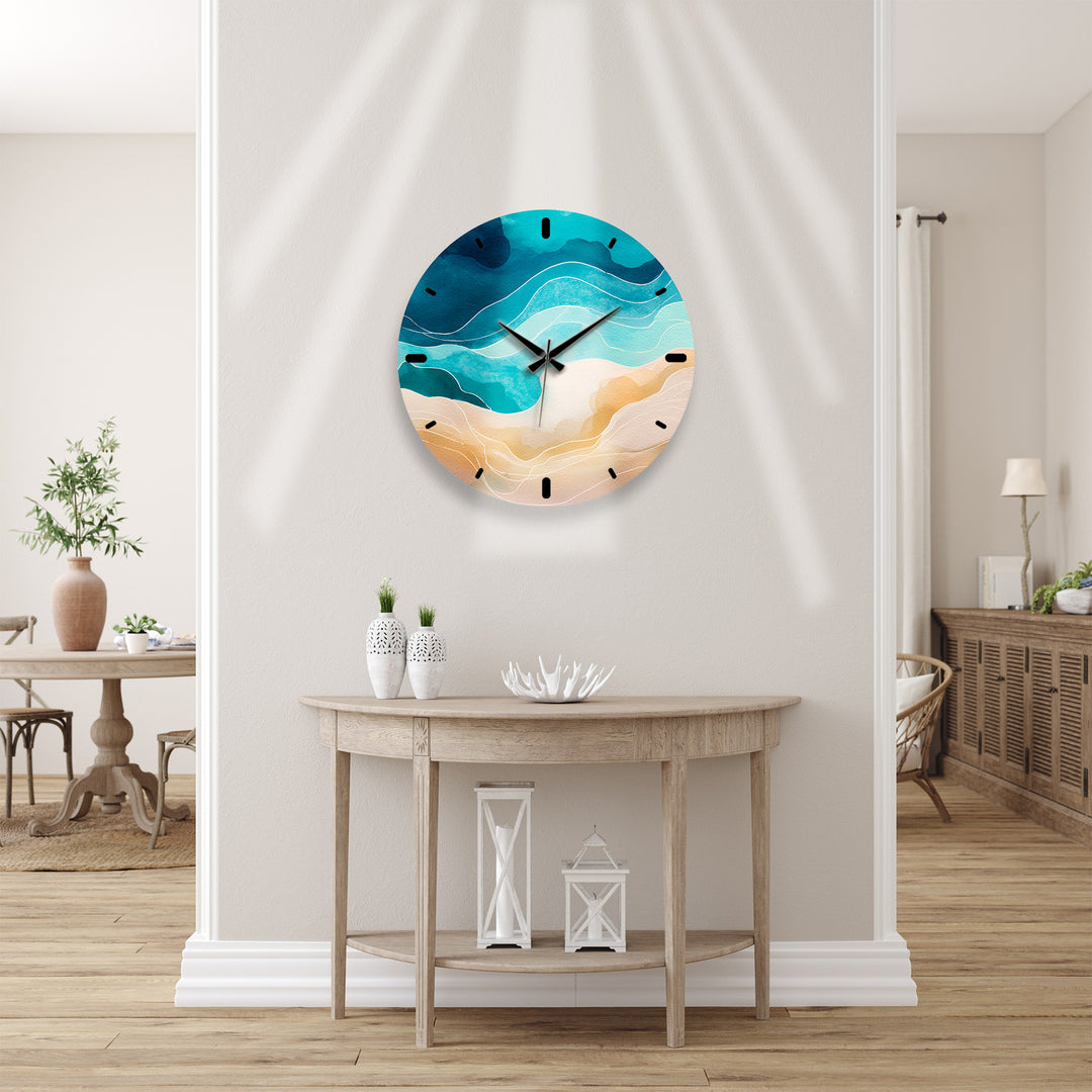 Abstract Coastal Glass Wall Clock – Blue Ocean Wave Decor
