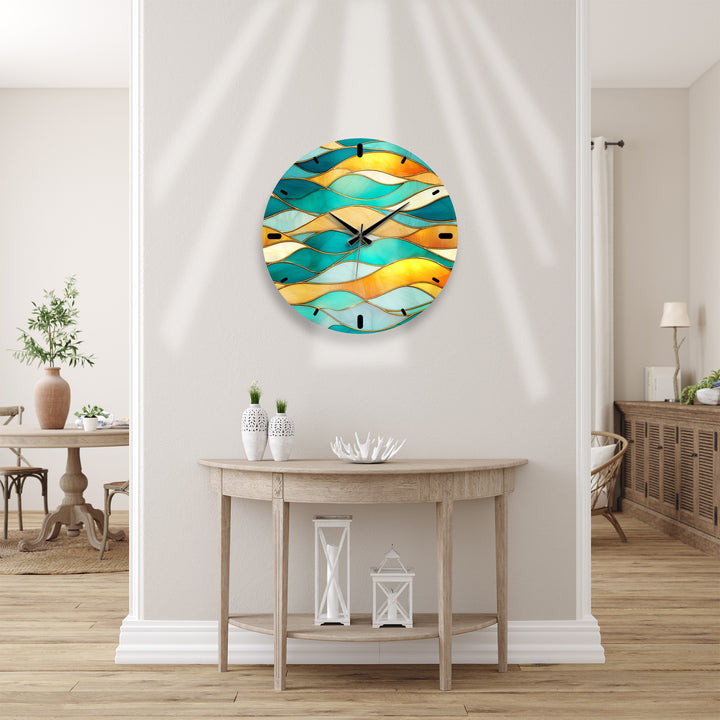 Turquoise Wave Glass Wall Clock – Abstract Stained Glass Decor