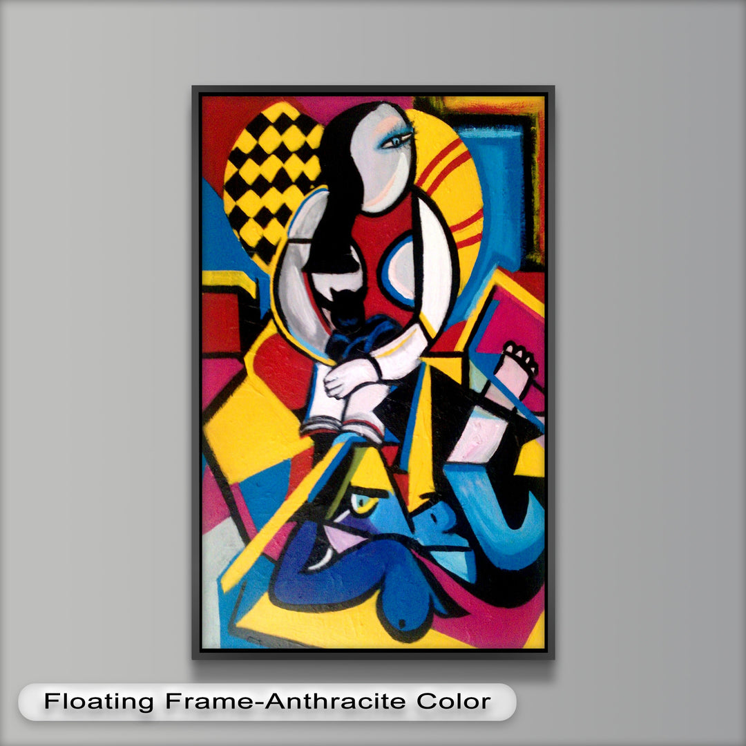 A striking cubist artwork with overlapping angular forms and a contemplative woman holding a cat at the center.

