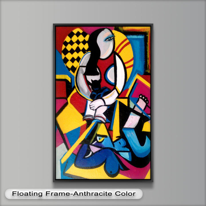 A striking cubist artwork with overlapping angular forms and a contemplative woman holding a cat at the center.

