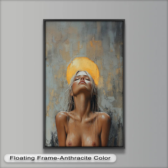 Reflecting a mood of serene intensity, this oil painting wall art displays a nude woman in an ethereal oil painting portrait with a mesmerizing, haloed glow.