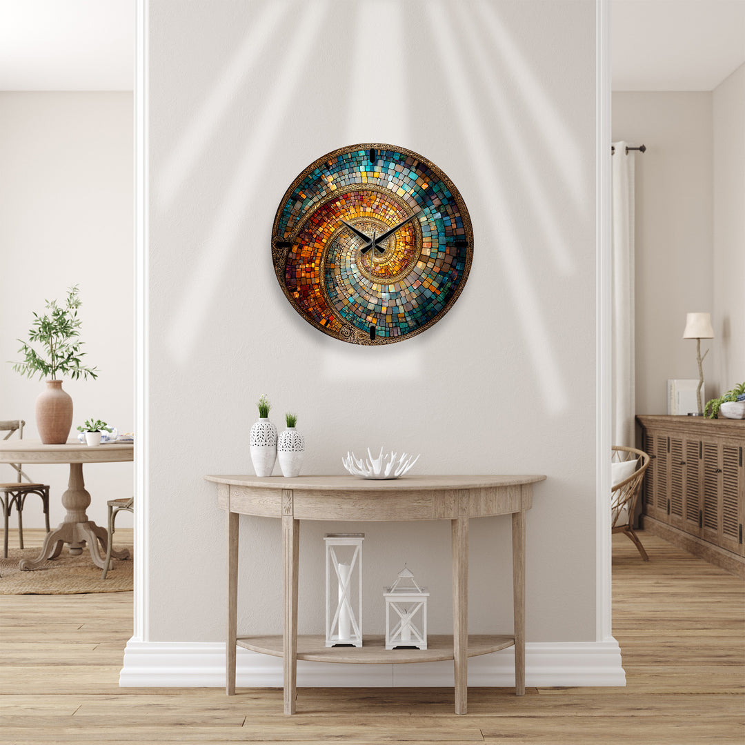 Spiralmosaik-Glaswanduhr – abstrakte Kunst in Blaugrün und Kupfer