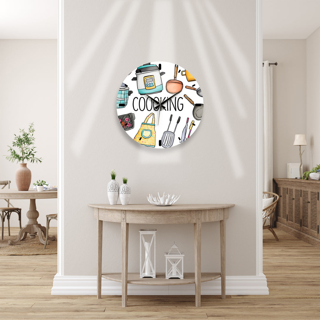 Colorful Cooking Glass Wall Clock – Kitchen Utensil Decor