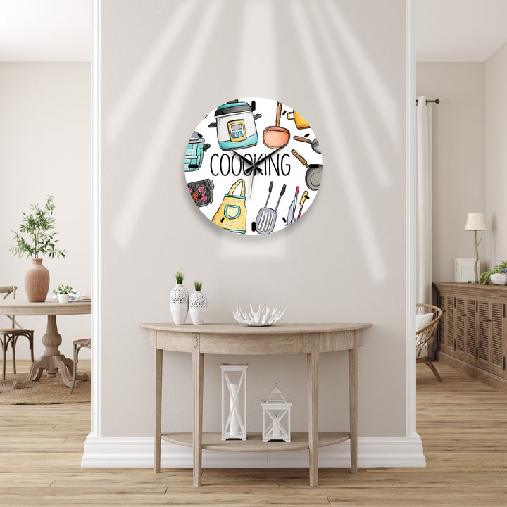 Colorful Cooking Glass Wall Clock – Kitchen Utensil Decor