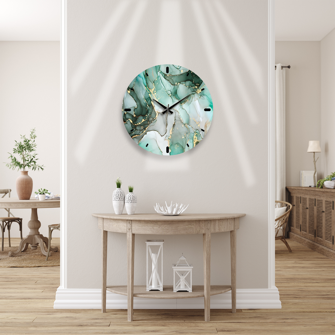 Emerald Green Marble Glass Wall Clock – Gold Accent Decor