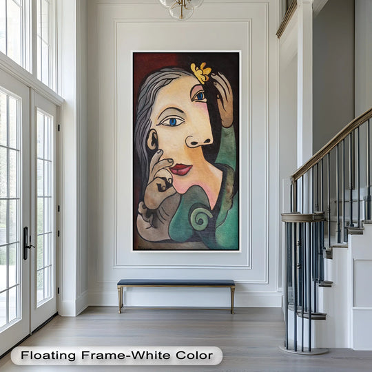Illuminated by the open doorway, the white floating frame accentuates the vibrant, introspective colors of this Quiet Bloom—Woman with Yellow Flower Picasso modern oil painting art.