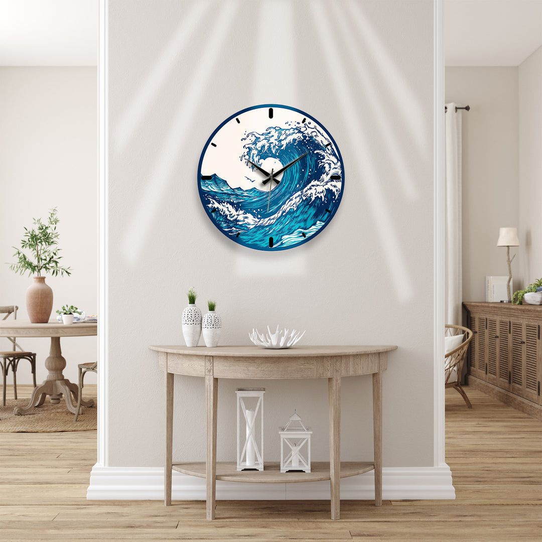 Japanese Wave Glass Wall Clock – Blue Ocean Coastal Decor