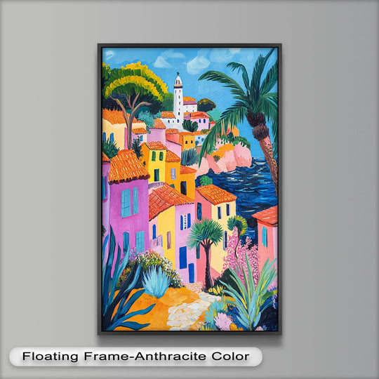 The focal point showcases a vibrant Mediterranean coastal village in this colorful Fauvist oil painting art piece, a striking oil painting.