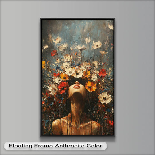 Framed by an anthracite border, this 'Floral Rebirth' abstract oil painting decoration presents a captivating view of a woman with a blossoming crown.