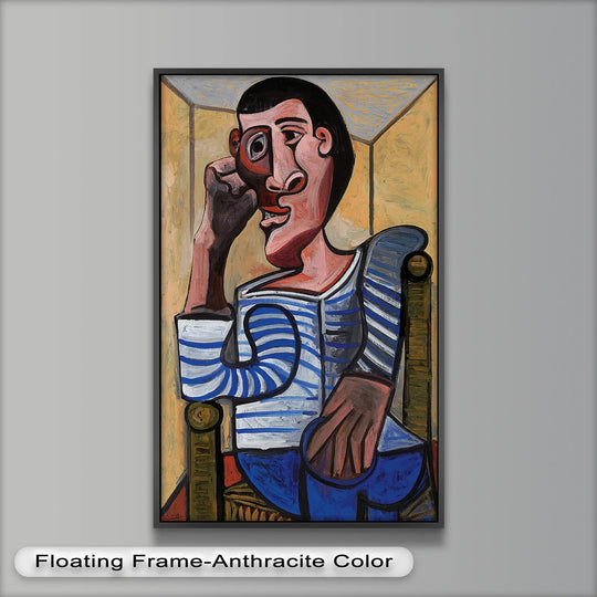 Subtle light and shadow accentuate the dramatic hues of this oil painting artwork, illuminating the seated man with blue shirt in Picasso's Cubist style.