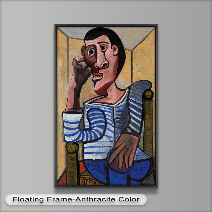 Melancholy in Stripes – Seated Man with Blue Shirt Picasso Oil Painting