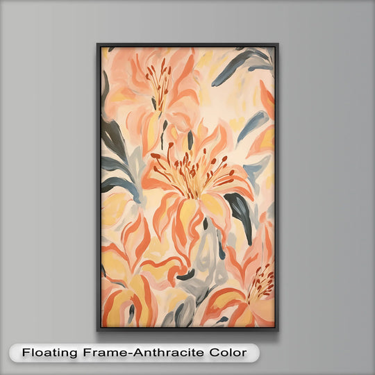 Subtle light and shadow defines the floral forms within this expressive sunlit lilies oil painting, a symphony of warm tones in these captivating oil painting art prints.