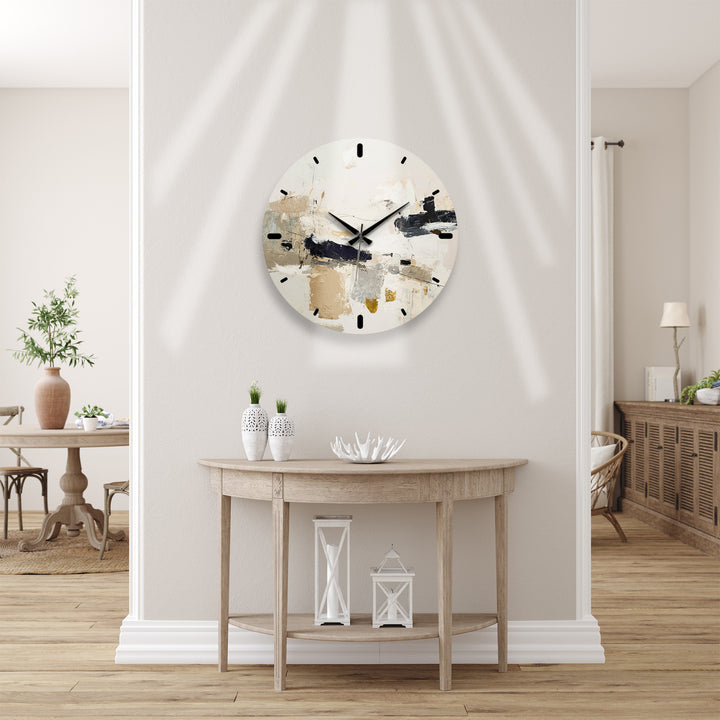 Neutral Abstract Glass Wall Clock – Black and Beige Modern Art