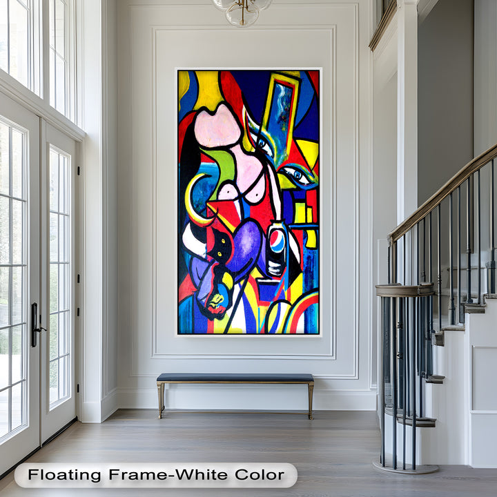 A dynamic fusion of cubism and contemporary art showcasing fragmented shapes, a cat, bright patterns, and branded iconography.