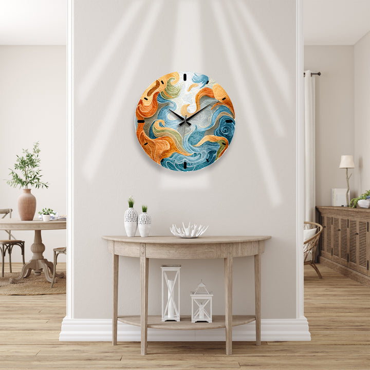 Abstract Ocean Glass Wall Clock – Blue and Orange Wave Art