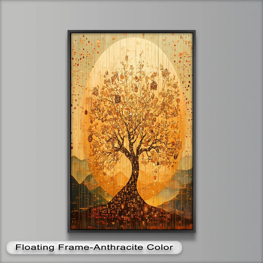 Exhibiting the realistic detail of brushstrokes, this vibrant 'Tree of Light' showcases a radiant abstract golden tree, a captivating oil painting art piece.