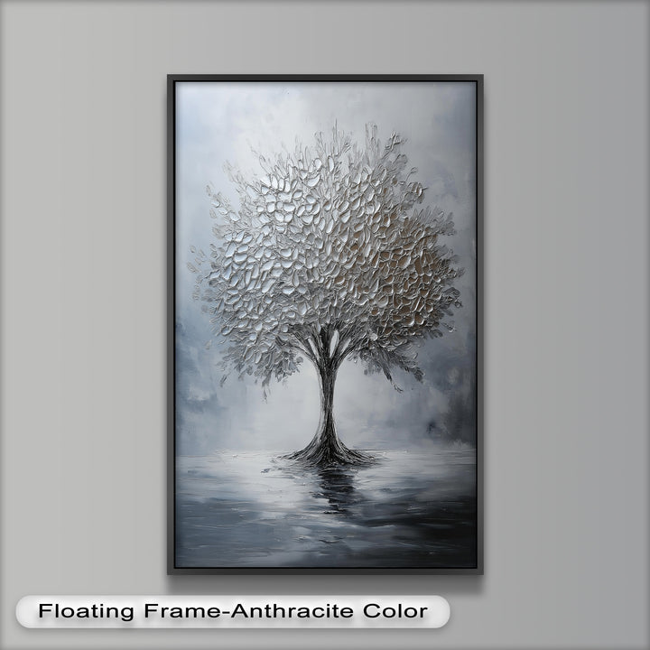Silver Stillness – Tree in Monochrome Abstract Oil Painting