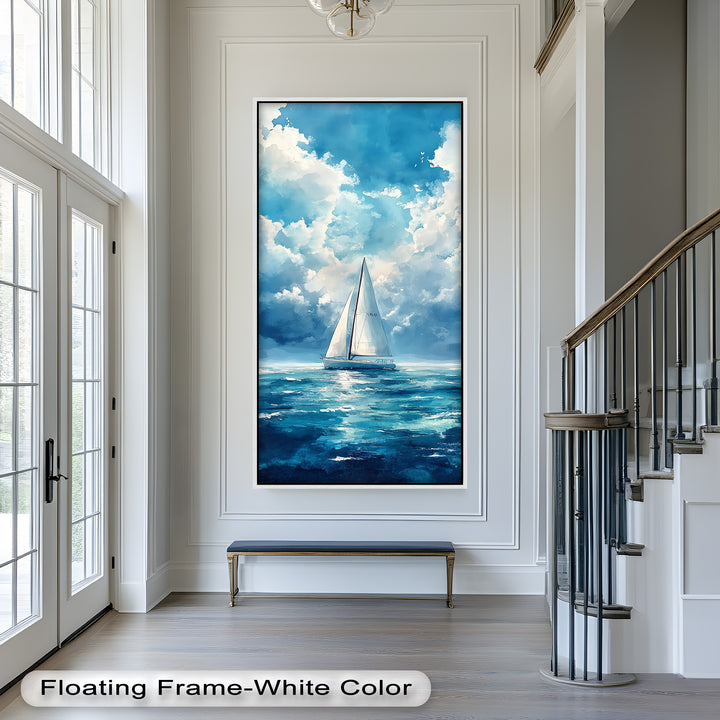 White Sailboat Blue Skies - Modern Oil Painting