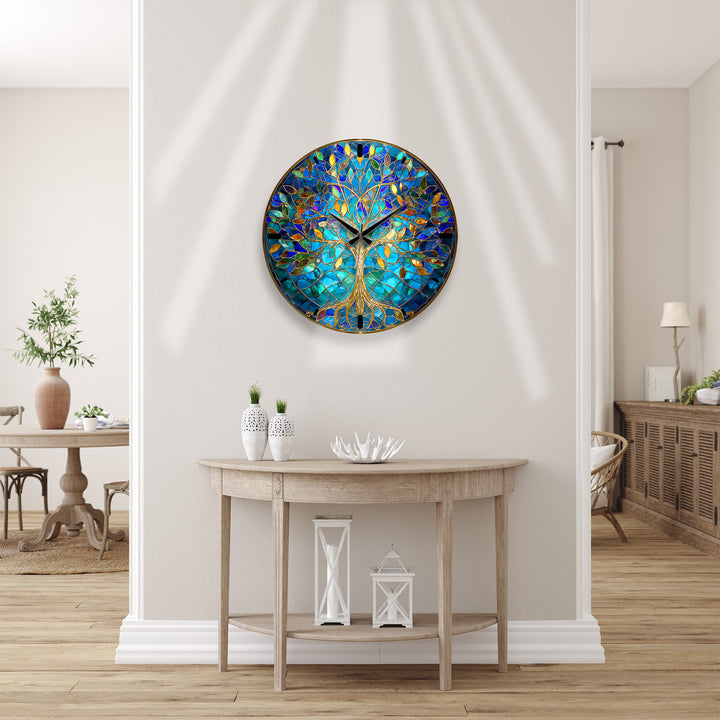 Blue Tree of Life Glass Wall Clock – Gold Stained Glass Style