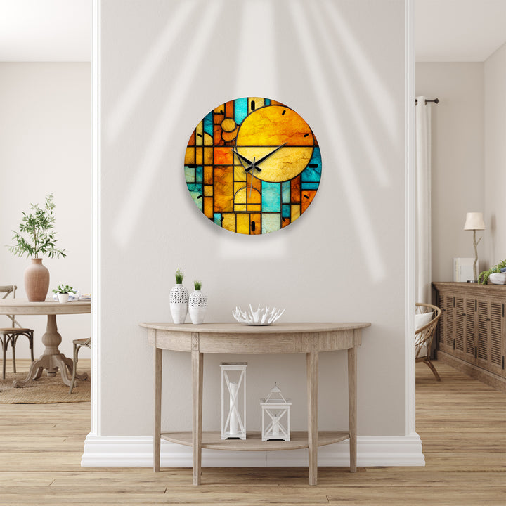 Orangefarbene und blaugrüne Glaswanduhr – geometrische Retro-Sonnenkunst