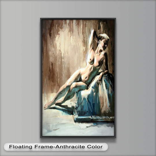 The focal point is the serene nude in this expressive oil painting reproduction print titled 'Echoes of Light,' rendered with striking tonal contrast and a contemporary aesthetic.