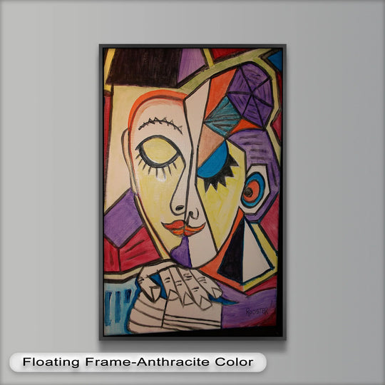 Balancing cool and warm hues, this 'Unified Gaze' abstract Picasso-style oil painting wall art uses color temperature to showcase dual expressions.