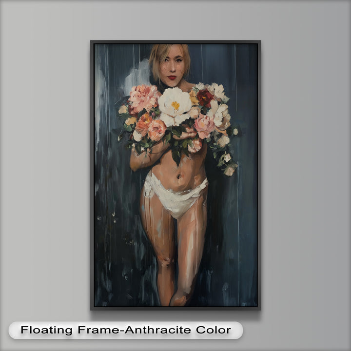 Floral Embrace – Abstract Nude with Blooming Bouquet Oil Painting