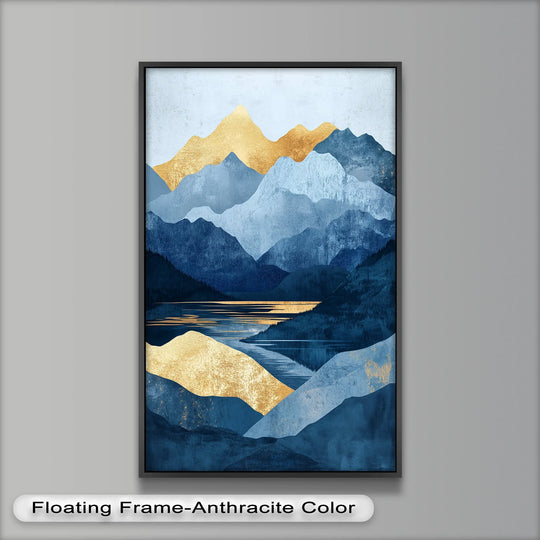 Vertical and rectangular golden horizon abstract blue mountain landscape oil painting decoration in an anthracite floating frame.
