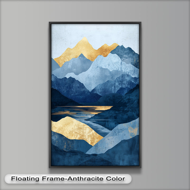 Golden Horizon – Abstract Blue Mountain Landscape Oil Painting