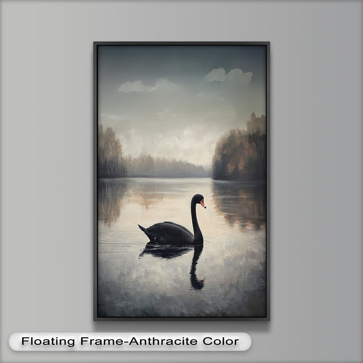 Black Swan at Dusk – Lake Scene Oil Painting