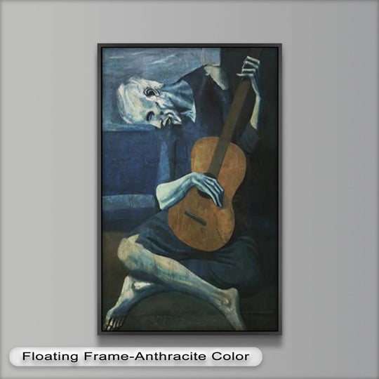 Evident surface texture emphasizes the painterly qualities of this framed oil painting art prints, highlighting the deep blues and aged look of 'The Melancholy Musician.'