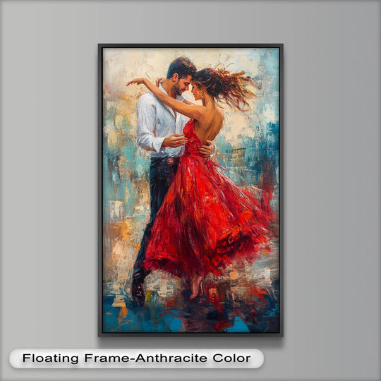Framed with an anthracite floating border, this oil painting art piece of a romantic couple in a red dress adds a touch of elegance to the edges.