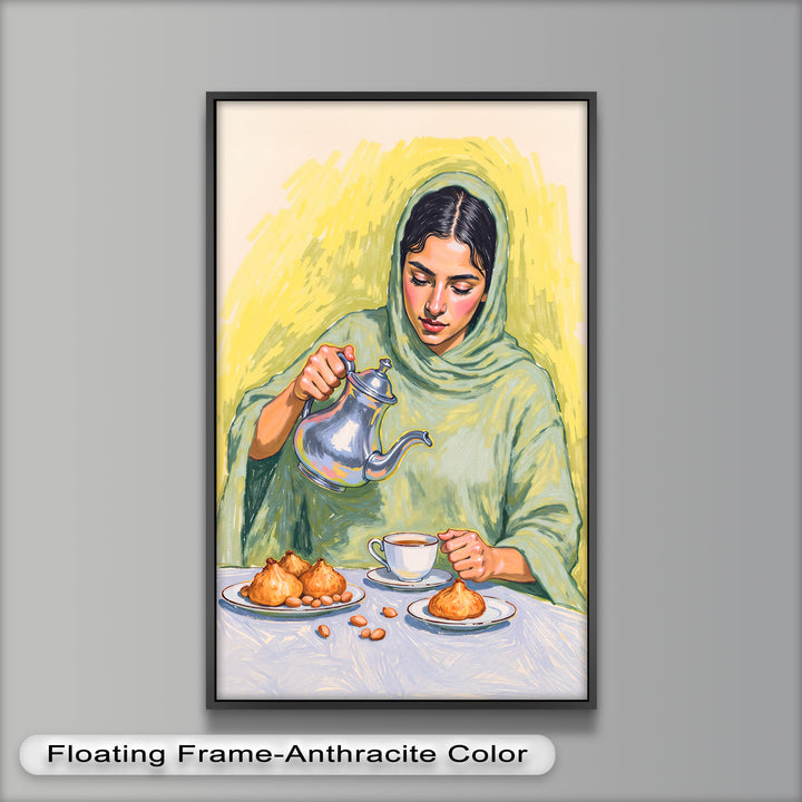 Woman Pouring Tea with Traditional Sweets - Food Painting