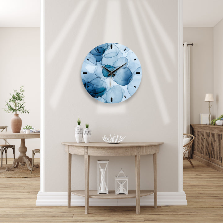 Blue Abstract Glass Wall Clock – Modern Alcohol Ink Art