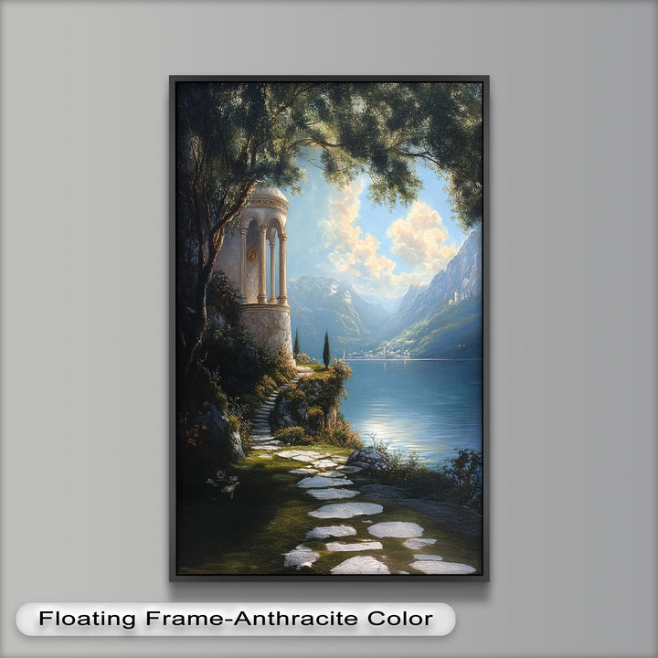 Sonnenbeschienener Tempel am See – Ölgemälde der Renaissance