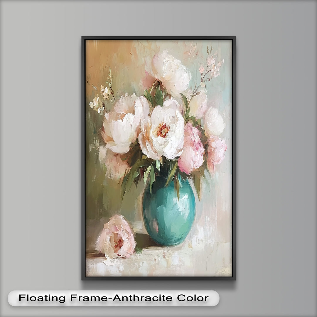 Blushing Peonies in Jade Vase – Romantic Flower Oil Painting