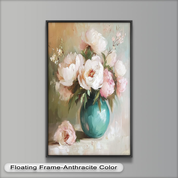 Blushing Peonies in Jade Vase – Romantic Flower Oil Painting