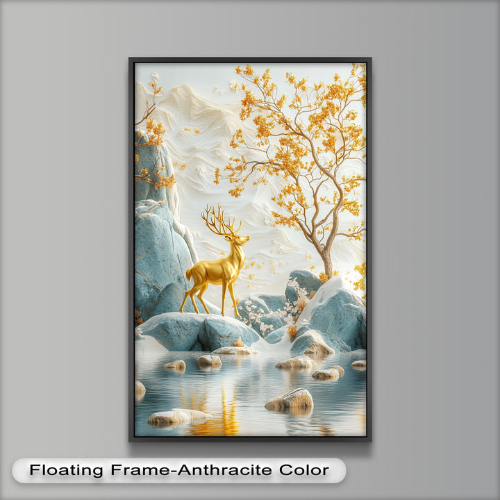 Golden Deer in Snowy Mountain - Animal Oil Painting
