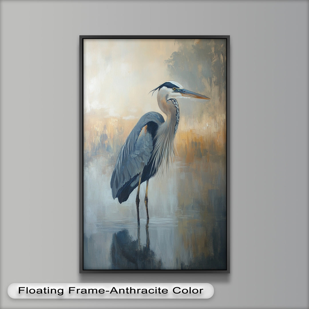 Heron in Misty Marshland - Framed Oil Painting