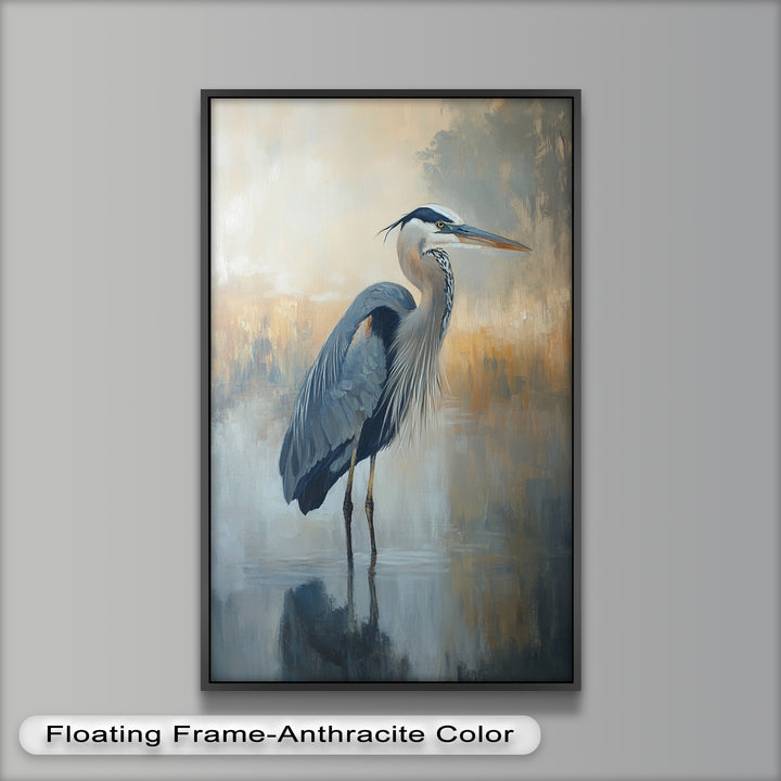 Heron in Misty Marshland - Framed Oil Painting