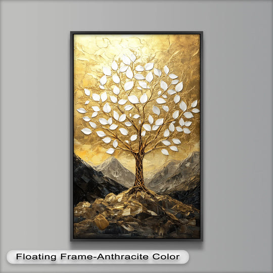 Golden oil painting decoration shows an abstract background of mountains in neutral and gold tones, complementing the tree of life.