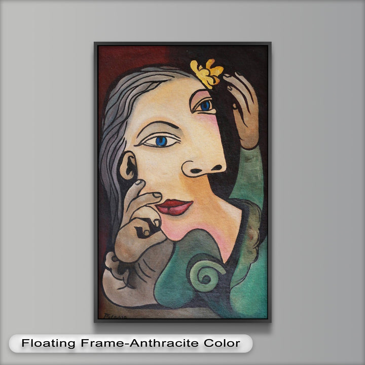 Whimsical Bloom – Surreale Frau mit gelber Blume Picasso Ölgemälde