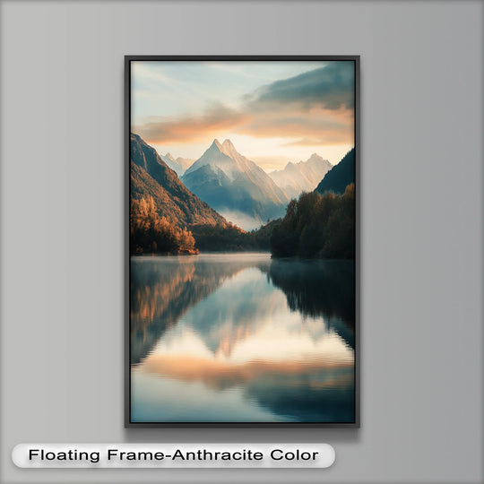 Featuring a sleek, anthracite-colored floating frame, this Mountain Lake Hudson River style oil painting decoration showcases a serene landscape within clean, defined borders.