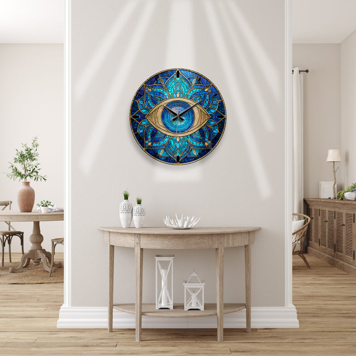 Evil Eye Glass Wall Clock – Blue Mandala Wall Decor