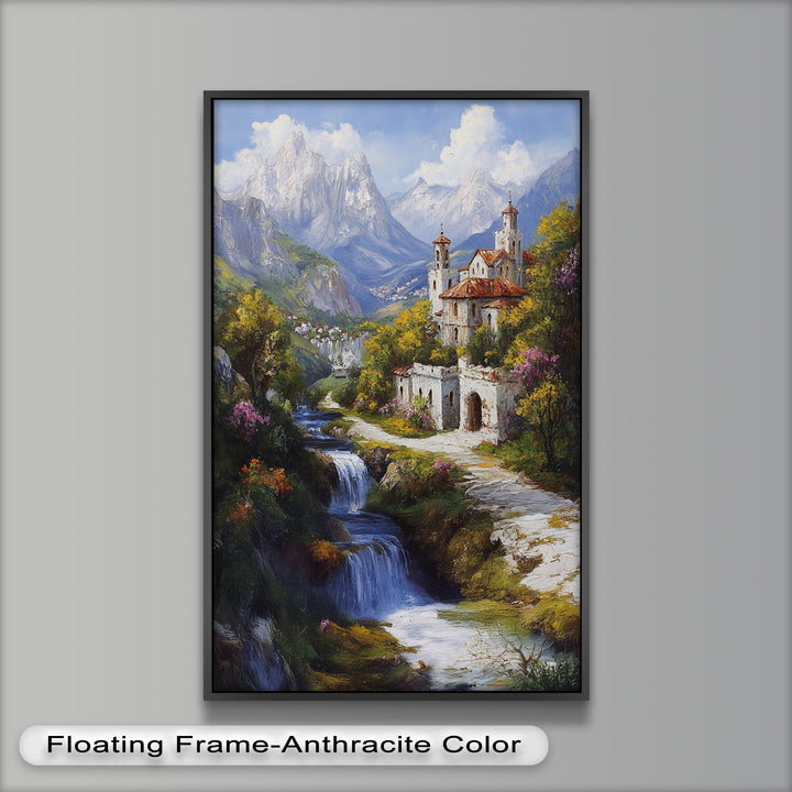 Mountain Abbey by the Falls – Serene Renaissance Oil Painting
