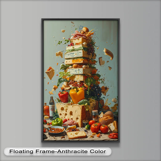 Foreground features a savory arrangement of cheeses, vegetables, and bread in this vibrant cheese tower symphony oil painting art prints, creating an explosive gourmet fantasy.